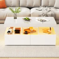 Rosahqnda Table basse, table de salon, haute brillance, LED et 2 tiroirs, adaptée au salon, blanc, MDF 5