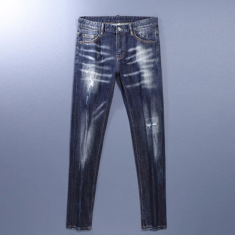 Street Fashion Men Jeans High Quality Retro Blue Elastic Slim Fit Vintage Ripped Jeans Men Pocket Designer Brand Pants Hombre