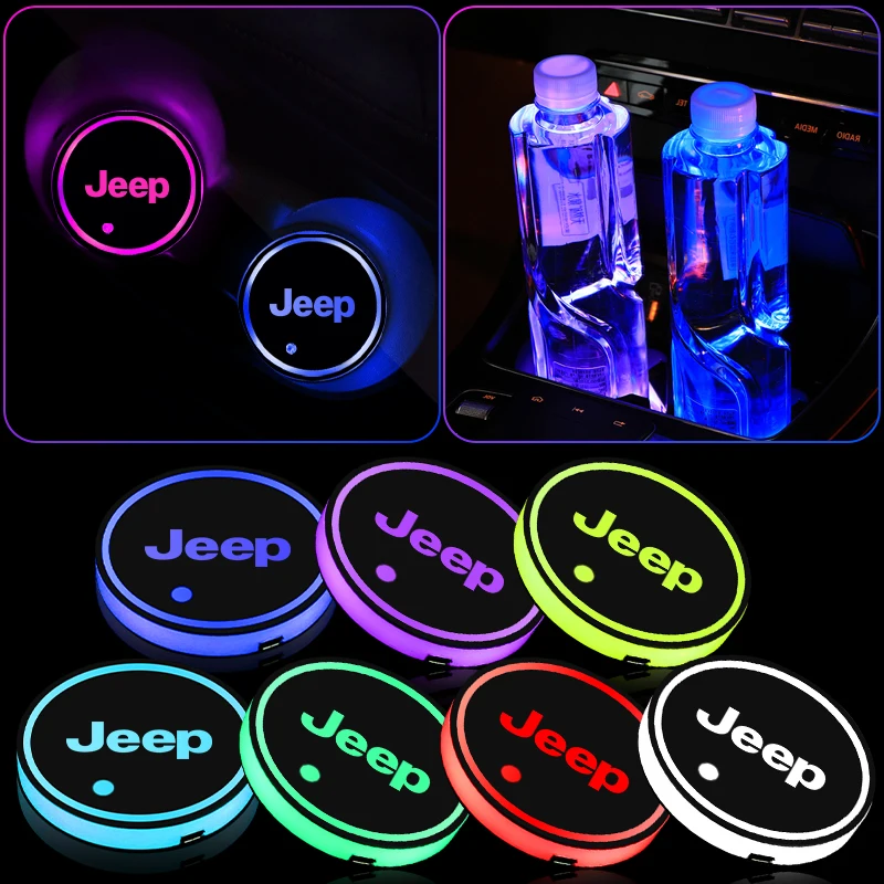 2Pcs LED 자동차 빛나는 컵 홀더 코스터 지프 랭글러 JK 그랜드 체로키 컴퍼스 레니게이드 리버티 용 미끄럼 방지 매트 액세서리