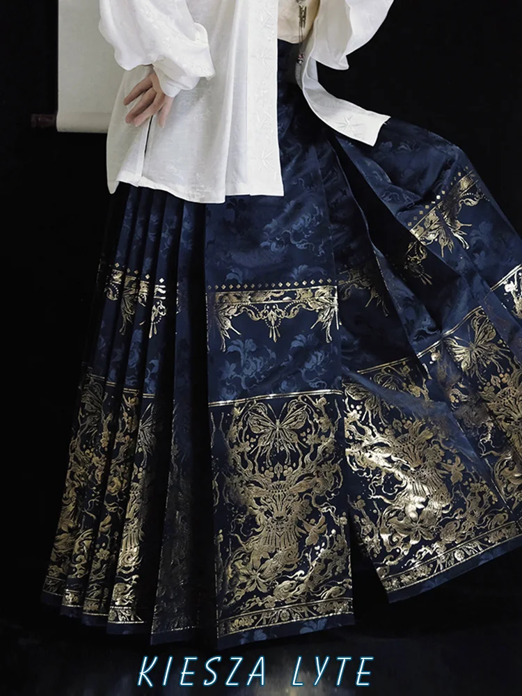 

Атласная Темно-Синяя Женская юбка Hanfu с винтажным принтом золотого оленя, длинная юбка y2k, Официальный магазин traf, весна-осень 2024