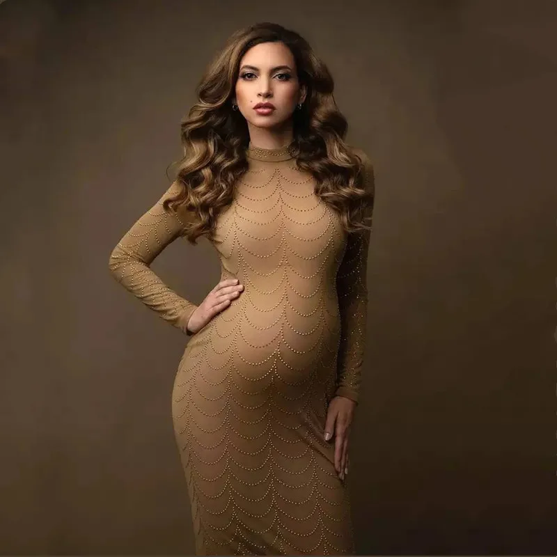

Stretchy Mesh Maternity Photo Shoot Long Dress Body-con Pregnancy Photography Dress High Neck