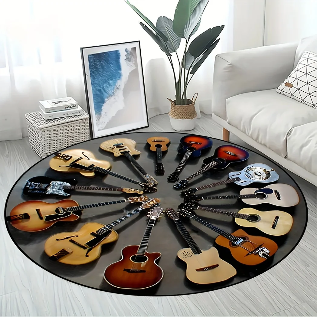 Guitar Pattern Round Area Carpets Teens Dorm Bedroom Bedside Foot Mat Living Room Dining Room Non-slip Chair Mat Home Decor Rugs 4