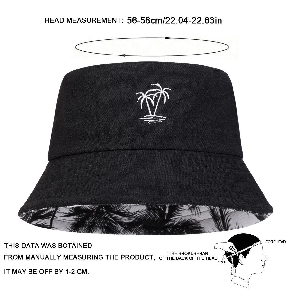 Unisex Coconut Tree Embroidery Double Sided Wearing Bucket Hats Fishermen Caps Outdoor Casual Sunscreen Hats