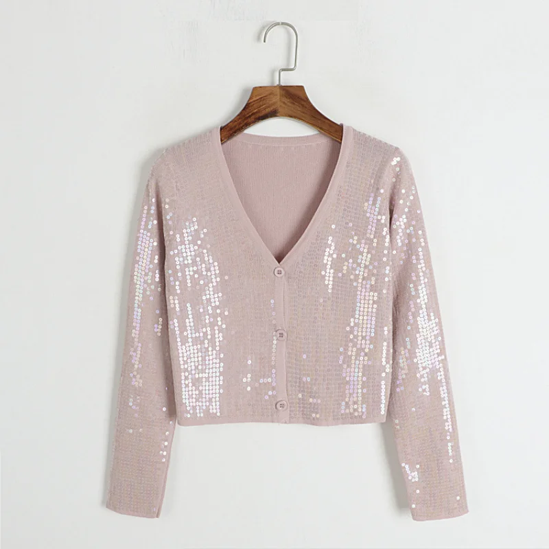 

Cute Cool Sequined White Cardigan Mujer Women Pink Cardigan High Waist Cropped Cardigan Short Sweater coat