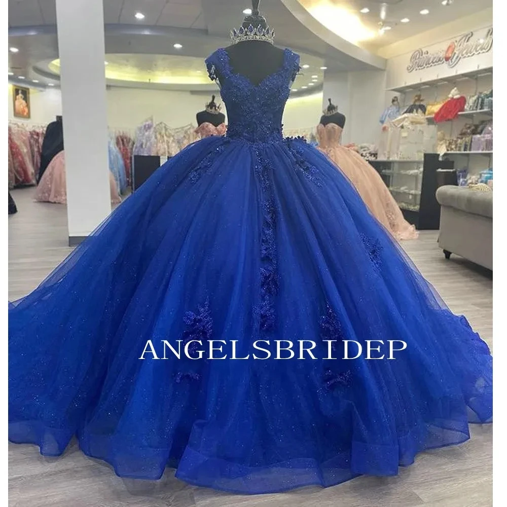 Angelsbridep 빛나는 로얄 블루 Quinceanera 드레스 3D 꽃 구슬 레..