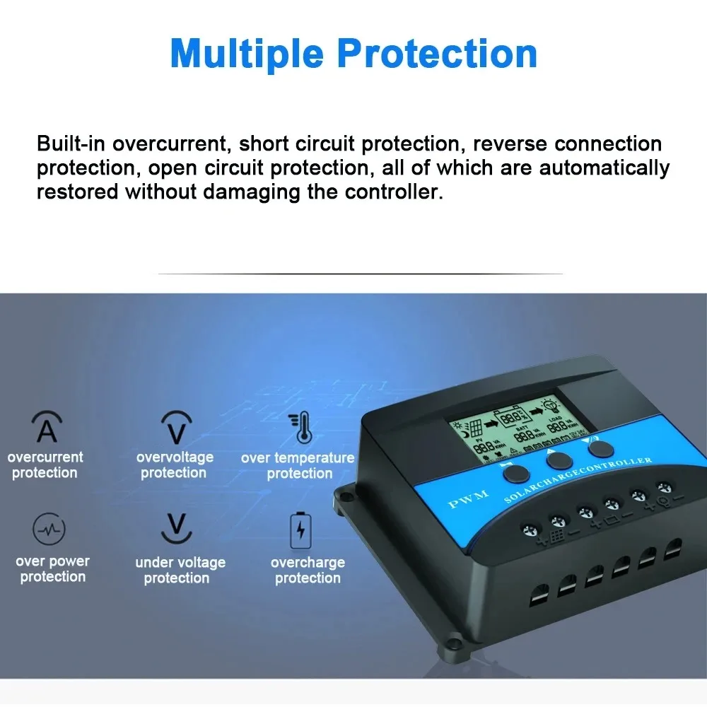 Solar Battery Charge Controller 10A 20A 30A Solar Charge Controller 12V 24V 48V PV Regulator PWM Solar Charge Discharge Controller for Lifepo4 Lithium Lead Acid
