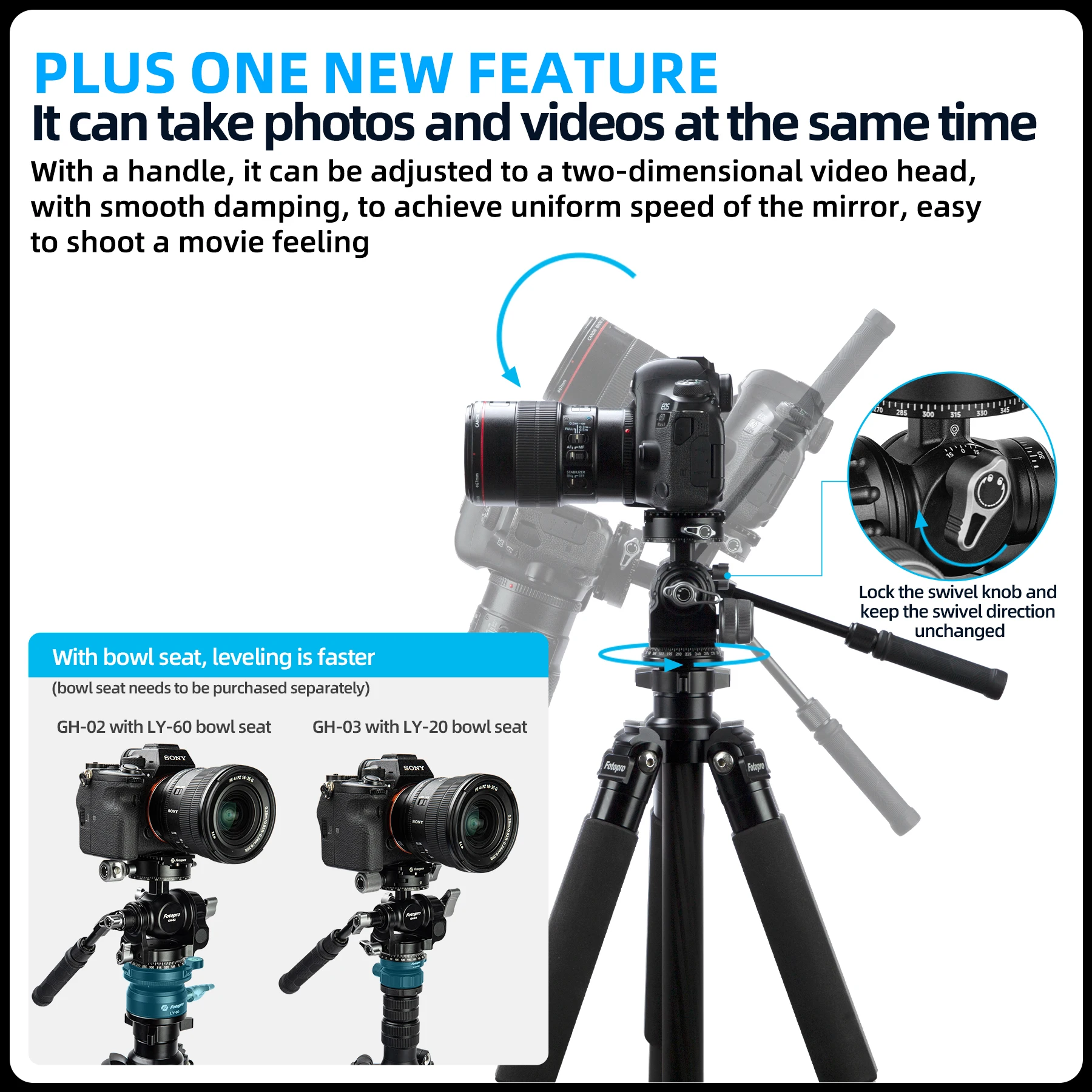 Fotopro 3-Way Geared Tripod Head with Handle Grip 3-Axis Pan Tilt Head Lightweight Compact Gimbal GH-02 GH-03