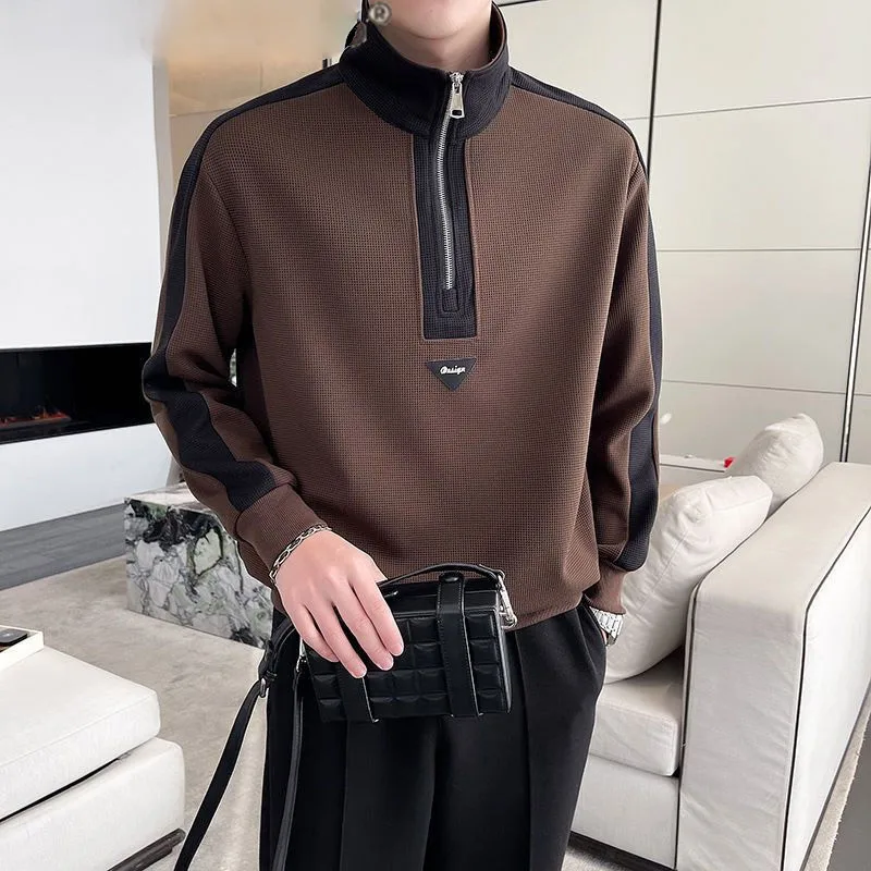 Autumn KPOP Fashion Style Harajuku Slim Fit Tops Loose Casual All Match Outerwear Patchwork Zipper Half High Collar Sweatshirt