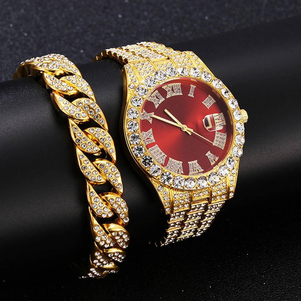 2 Pcs Watch+bracelet Hip Hop Stainless Steel Gold Color Calendar Watch For Men Iced Out Paved Rhinestones Men Watch Reloj Hombre