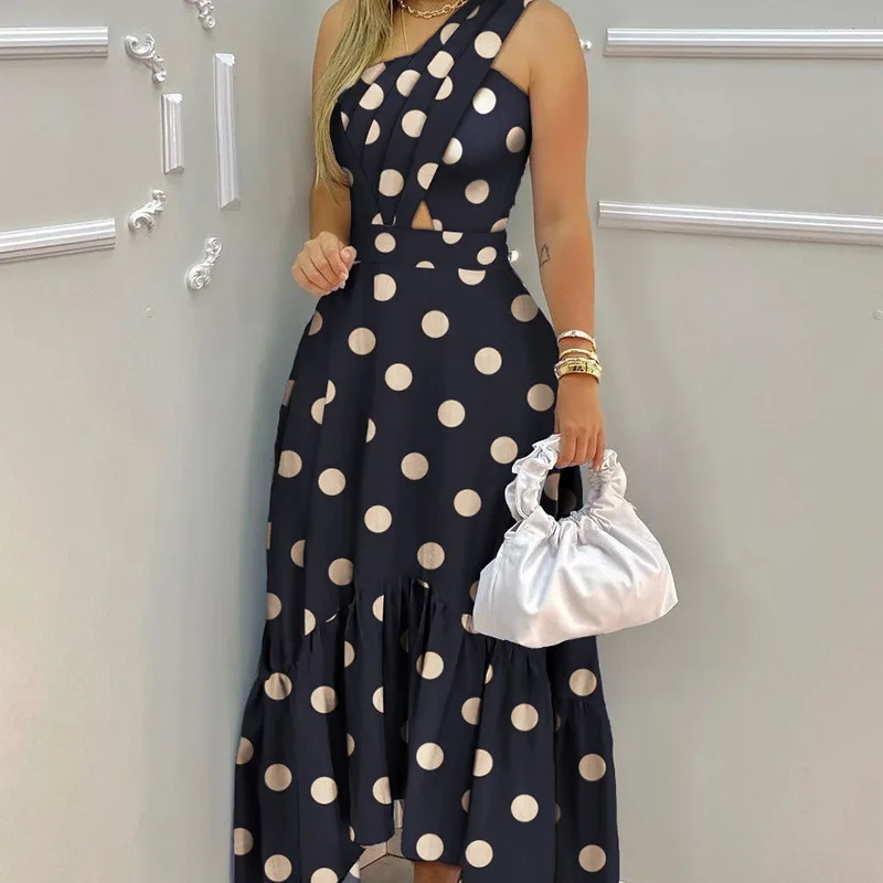 

2024 Spring Summer New Women's Single Shoulder Hollow Polka Dot Printed Long Dress
