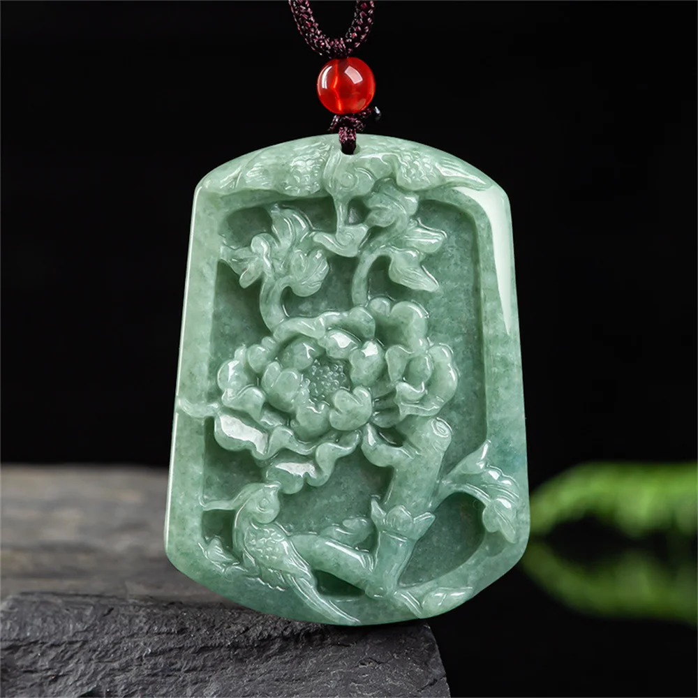 

Retro Natural Green Jadeite Carved Birds Peony Flower Lucky Pendant Amulet Necklace Certificate Luxury Jade Vintage Jewelry Gift