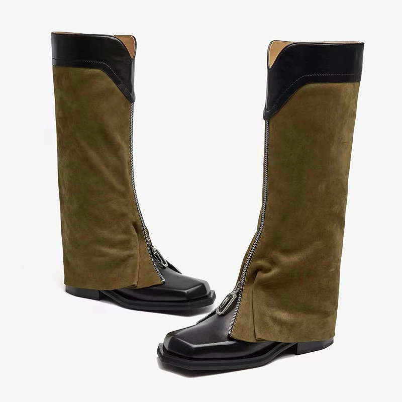 

Winter New Square Toe Thick Heel Cowboy Knee-length Boots Side Zip Pocket Knight Booties Fashion Trouser Tube Long Botas Mujer