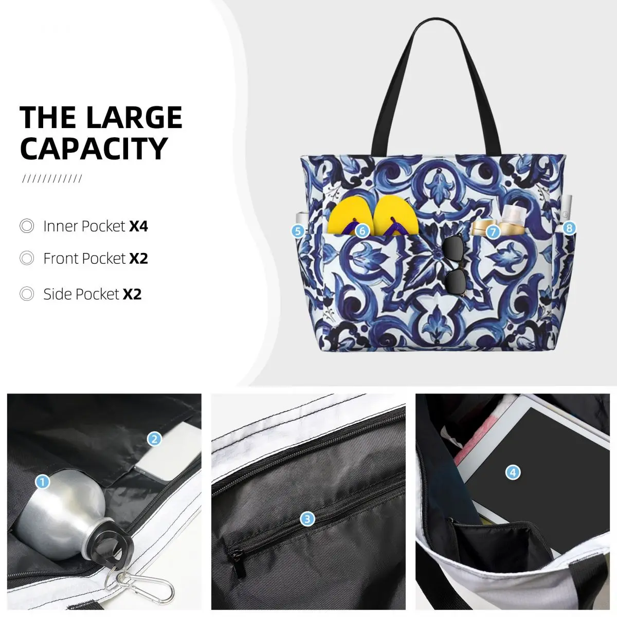 Borsa da Spiaggia Blu con Motivi Floreali Ornamentali in Stile Mediterraneo Siciliano, Borsa Sportiva per Palestra e Yoga, Grande Borsa da Viaggio per Donne, Borsa per Fitness - immagine 2