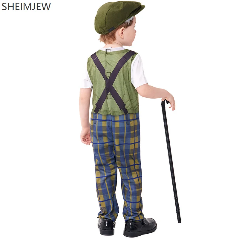 Cute Boys School Costume Role Play Grandpa Plaid Suspenders Bodysuit Carnival Fancy Dress Party Set Daily Campus Clothes