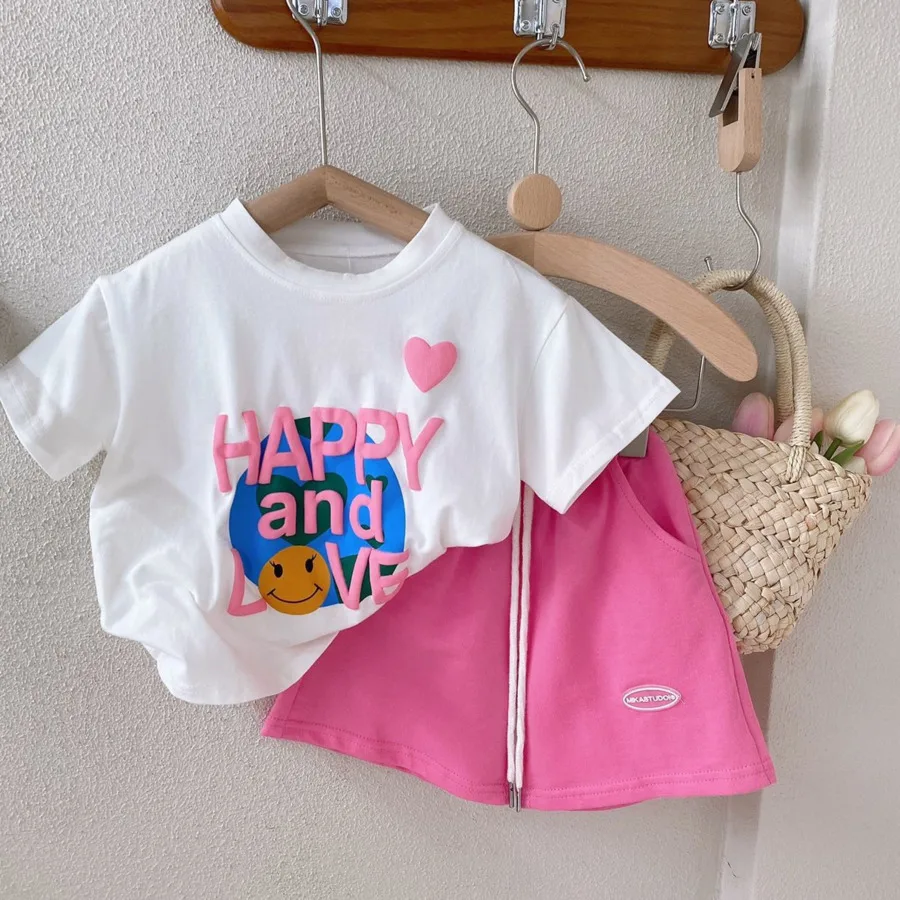 

Summer Pink Little Girls Children Clothing Set Two 2 Piece Set T Shirt +shorts Baby Clothes Kids Birthday Outfits For Women