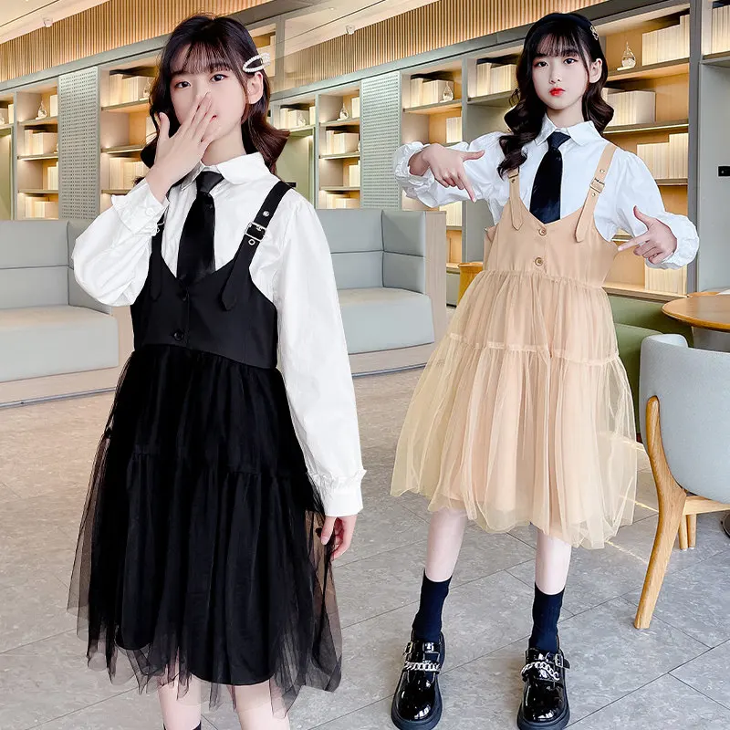 

Fashion Girls Outfits 2 Piece Suits White Shirt With Necktie + Mesh Suspender Spring Autumn Kids Teen Clothing Sets 5 To 14 Yrs