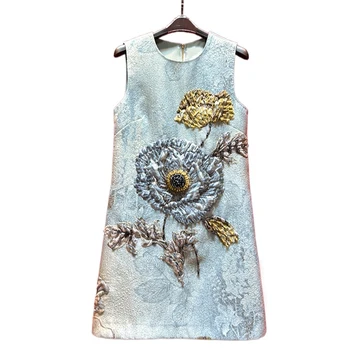 2025 Women Embroidery Luxury Jacquard Beading Dress A-line Sleeveless Pencil Straight Dresses Shinny Party Evening Clothing 1
