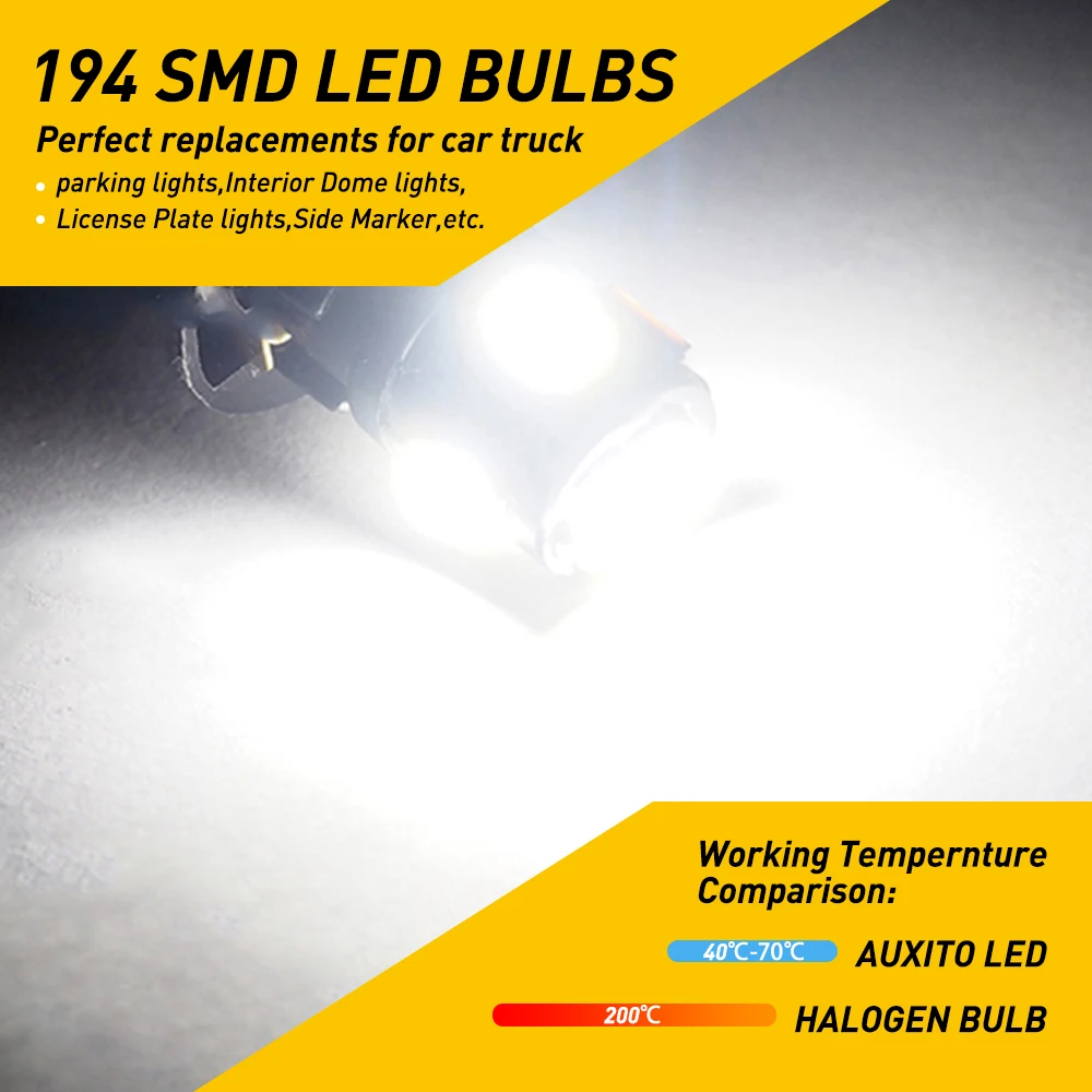 AUXITO-울트라 브라이트 화이트 LED 전구, 10X, W5W, T10, 194, 168 LED, 자동차 인테리어 조명 지도, 돔 도어 글러브 박스, 트렁크 라이트, 12V