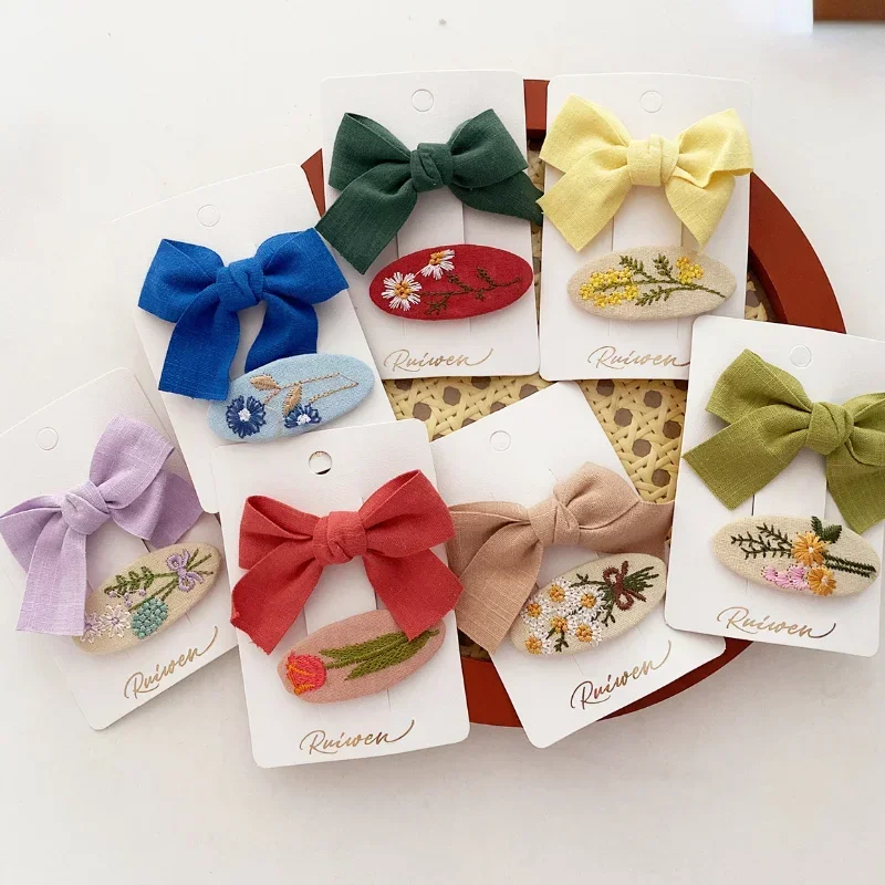 Sweet Little Girl Bowknot Hair Clips Solid Color Korean Mini Kids Embroidery Barrettes Princess Baby Clamp Hair Accessories 2PCS,hair clips,hair accessories