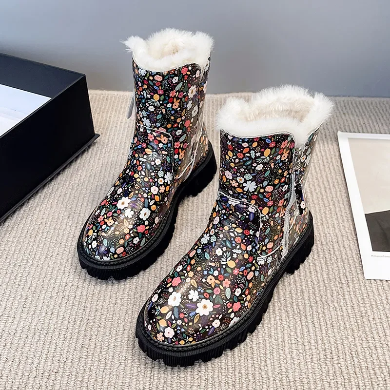 

2023 New Winter Women's Ankle Snow Boots Warm Round Toe Color Printed Increased Square Heel Casual and Comfortable Women's Boots