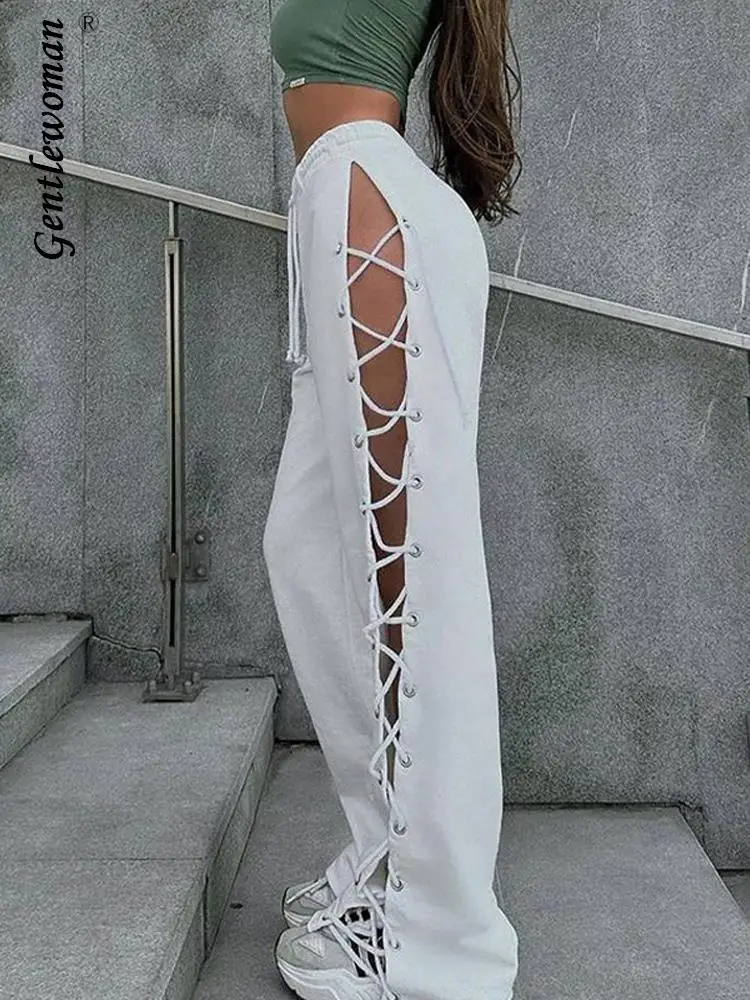 Knitted Slit Hollow Loose Pants Women Solid Tie High Waist