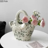 Flower Texture Ceramic Vase Handbag Shaped Flower Pots Desk Decoration Flower Arrangement Floral Vases Room Aesthetic Decor 1