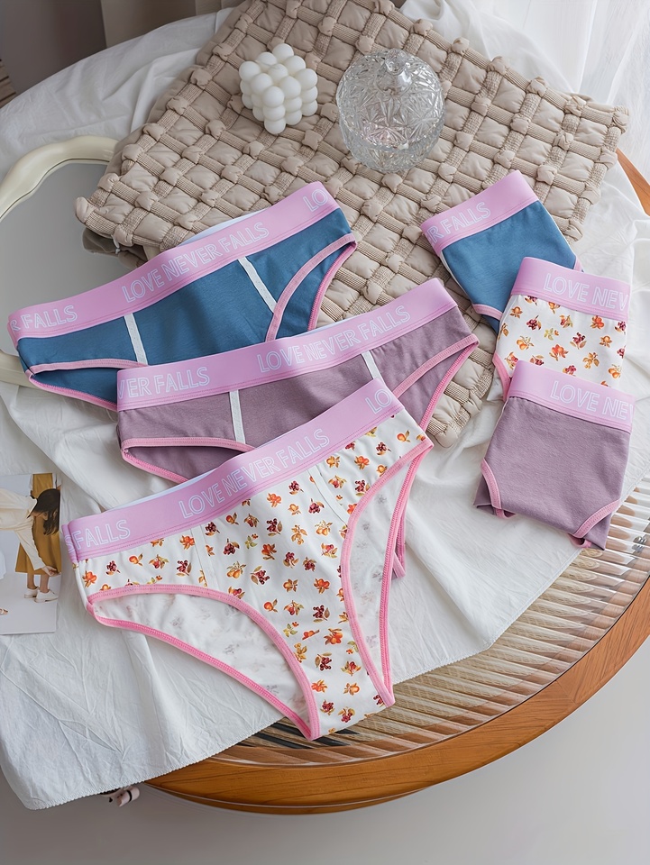 6-piece pure cotton wide English letter belt, cute and pure ladies' triangle pants, cotton comfortable women's underwear