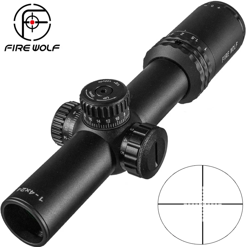 

FIRE WOLF 1-4X24E Riflescopes Hunting Red Dot Scopes Compact Rifle Scope Illuminated Reticle w/ Mounts For AR15 AK