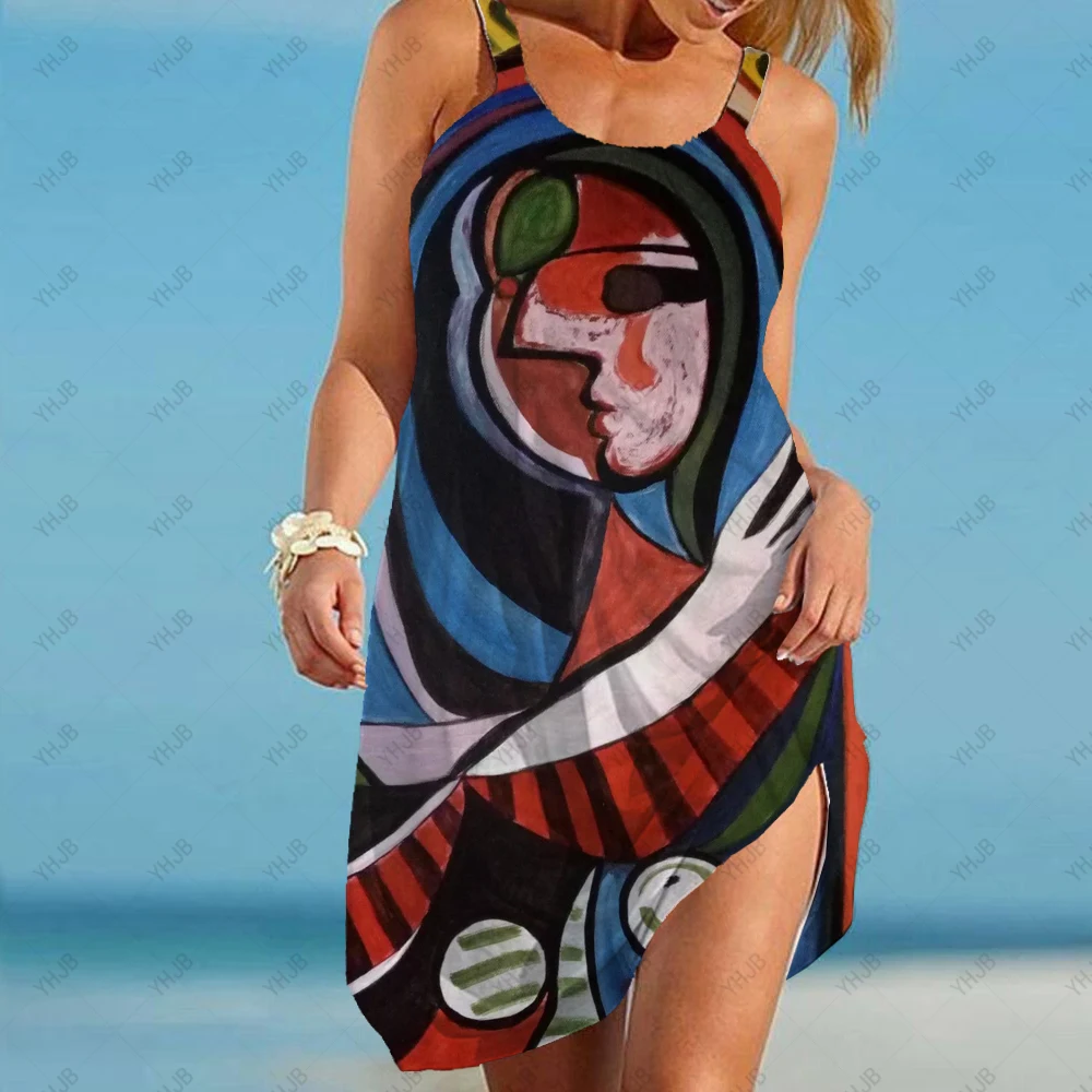 

Пляжное платье в стиле ретро с принтом лица, женское сексуальное мини-платье на бретелях в стиле бохо, летние цветочные аксессуары, платья с подолом без рукавов, короткий сарафан, кофта