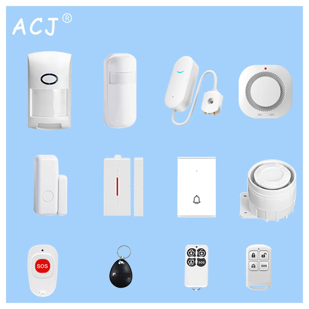 ACJ 433MHz Home Burglar Alarm System Accessories Wireless Link Smoke  Alarm Door Magnetic Water leak Detector RFID Control