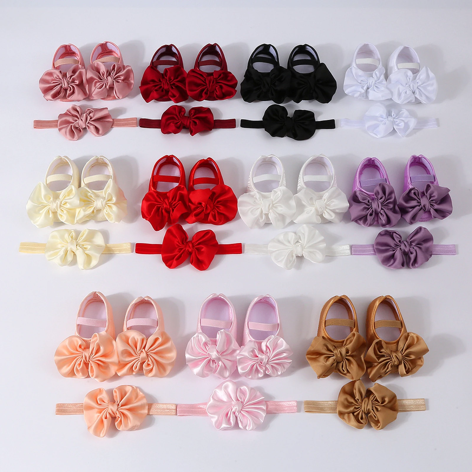 Baby Girls Shoes Cute Bowknot Mary Jane Flats Crib Shoes Princess Soft Non-Slip Walking with Headband Infant First Walker