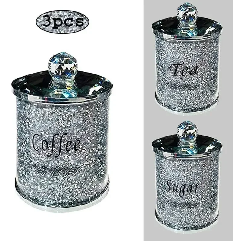 3PC Coffee Sugar Tea Storage Box Set Crystal Crushed Diamond Kitchen Storage Container Handmade Crystal Glass Coffee 3