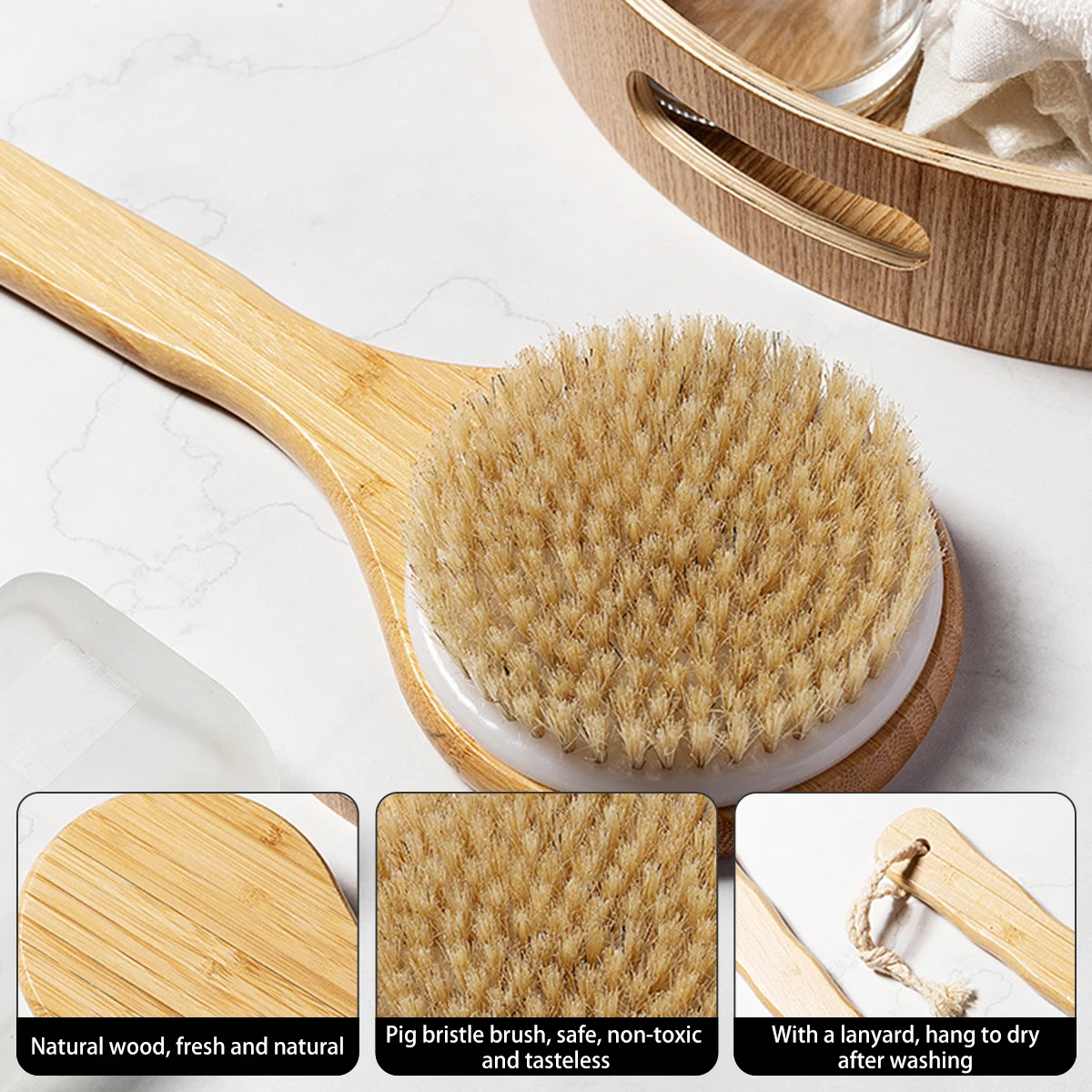 Natural Bristle Long Handle Bath Brush Soft Hair Bath Brush Bathroom Body Brushes Mud Back Scrubber Shower Massage Brush 5