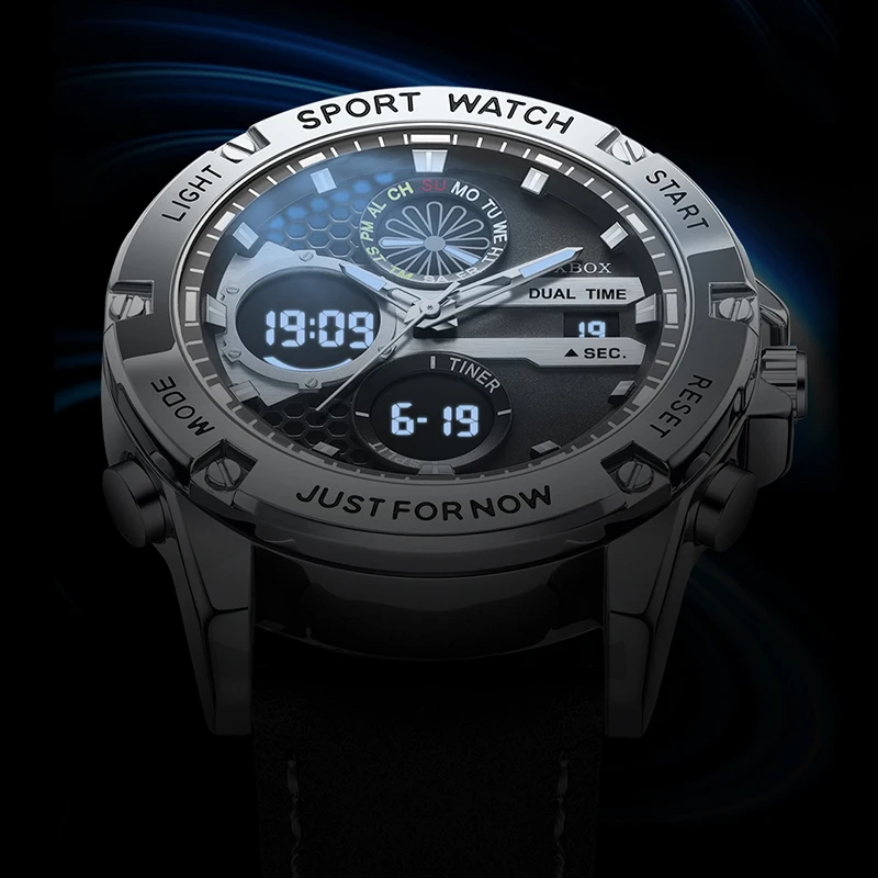 2025 FOXBOX Sport Watches for Men Strong Luminous Dual Display Waterproof Quartz Genuine Leather Wristwatch Relogio Masculino