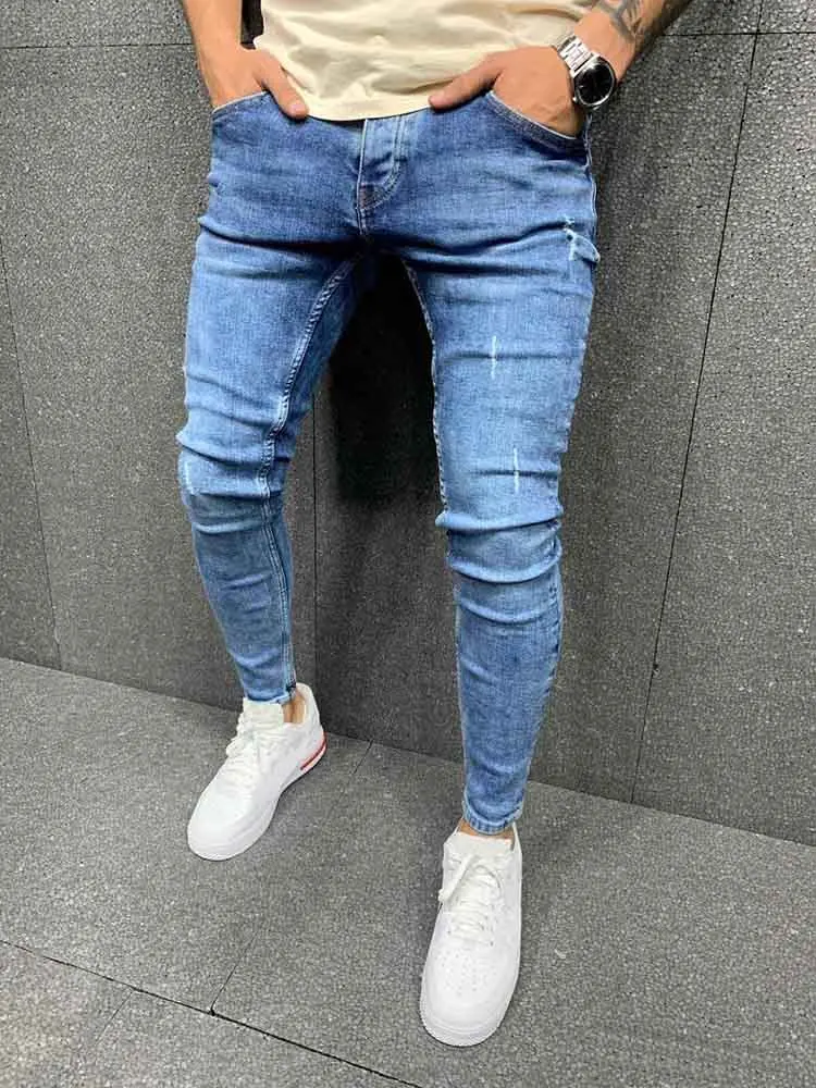 Men Cotton Stretchy Leisure Time Jeans Ripped Skinny Youth Jeans High Quality Hip Hop Slim Fit Denim Pants Blue
