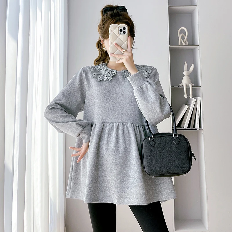 Spring New Pregnant Woman's Long Sleeved Doll Shirt Sweet Lace Peter Pan Collar Long Lantern Sleeve Maternity Blouses Tops