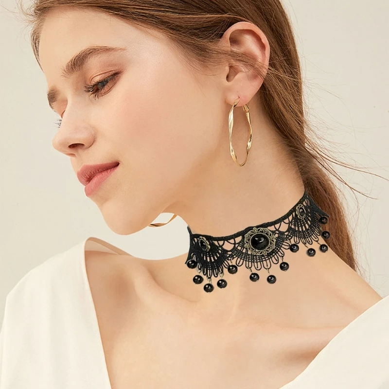 Gothic Lace Floral Choker for Women Choker Handmade Collar with Dangling Beads Adjustable for Bachelorette Party Wedding