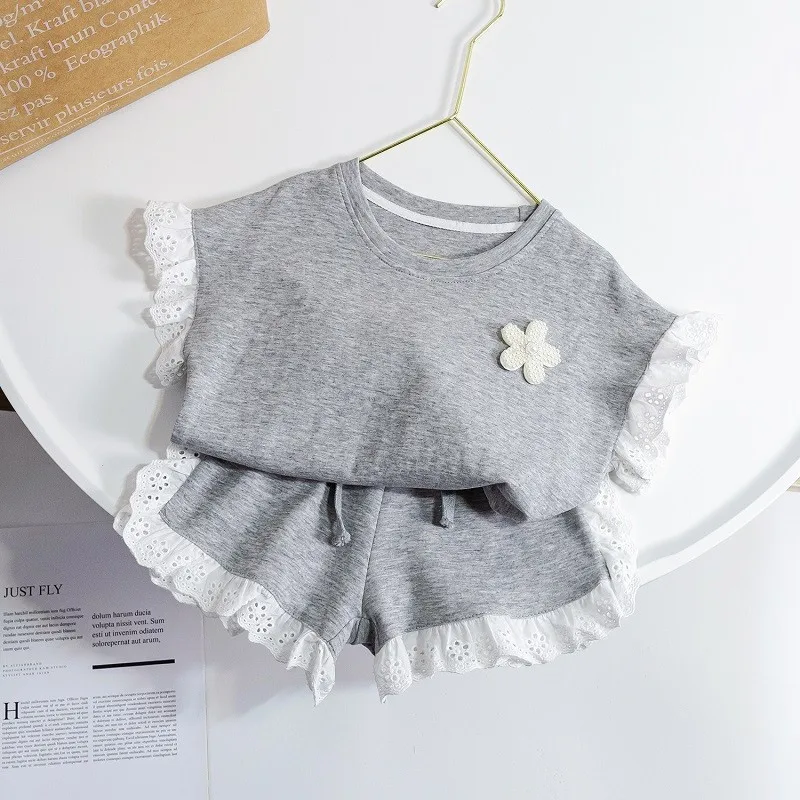 

Baby Girls Summer Clothes Set Lace Patchwork Grey Short Sleeve TShirt Shorts 2Pcs Suits Kids Girl Casual Suits