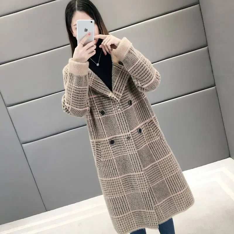 Imitation Mink Cashmere Coat Mid Long Faux Mink Velvet Jacket 2024 Winter Fall Loose Slim Thick Plaid Coat Soft Faux Fur Jackets