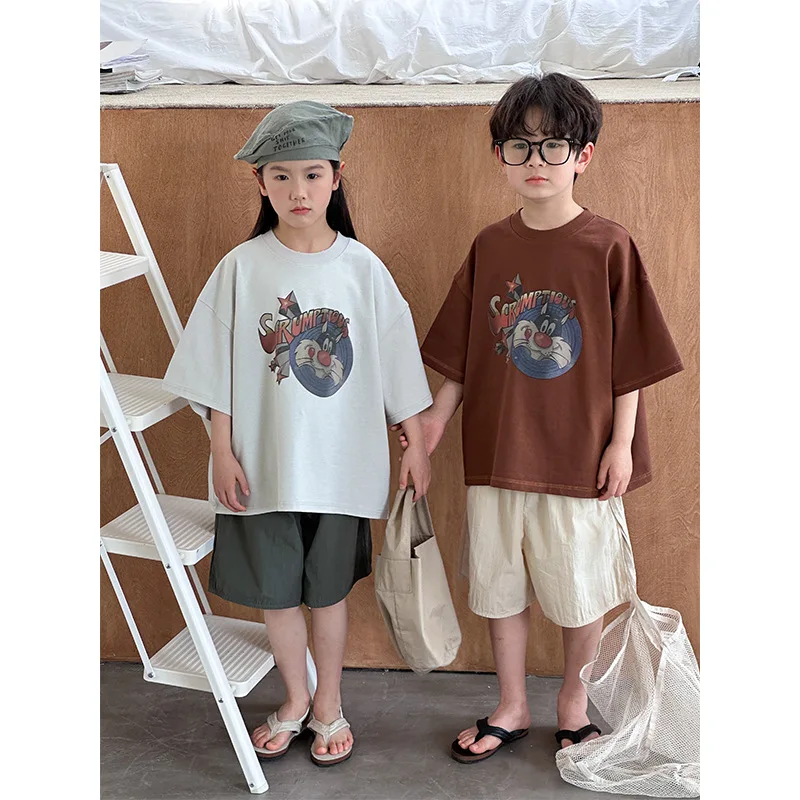 

Summer Kids Boy 2PCS Clothes Set Cartoon Printed Solid Top Cotton Elastic Waist Solid Shorts Little Boys Suit Toddler Boy Outfit