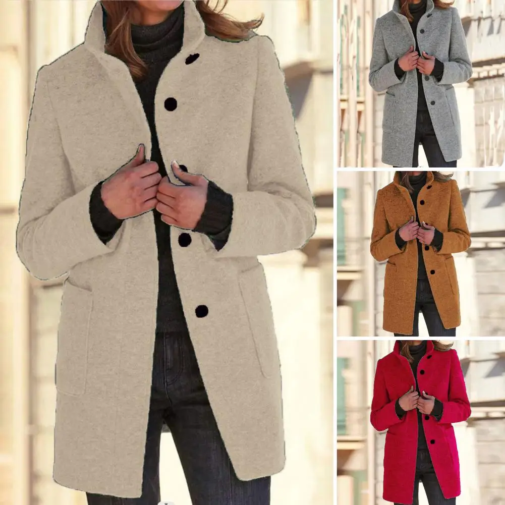 

Simple Look Woolen Jacket Stylish Women's Mid Length Solid Color Overcoat with Stand Collar Pockets for Fall Winter Thick Warm