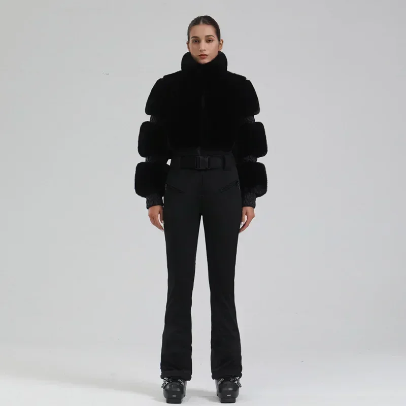 חליפת סקי נשים צמודה תרמית 1PS חליפת סקי חיצונית עם הודי ספורט חורף בגדי שלג עמידים ברוח ומים