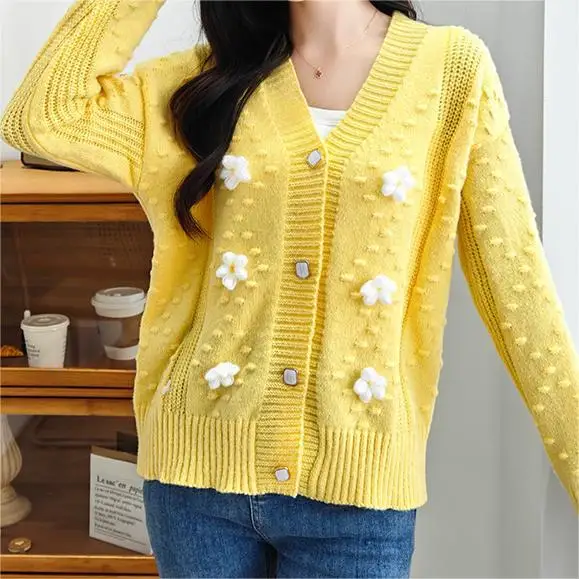 

Мужской Однотонный свитер с трехмерными цветами, свободный милый вязаный кардиган на осень и зиму, 2024