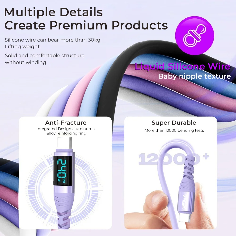 NNBILI 240W 디지털 디스플레이 USB C to USB C 리퀴드 실리콘 케이블 PD 3.1 고속 충전 케이블 (맥북 프로, 아이폰 17 프로 맥스용)