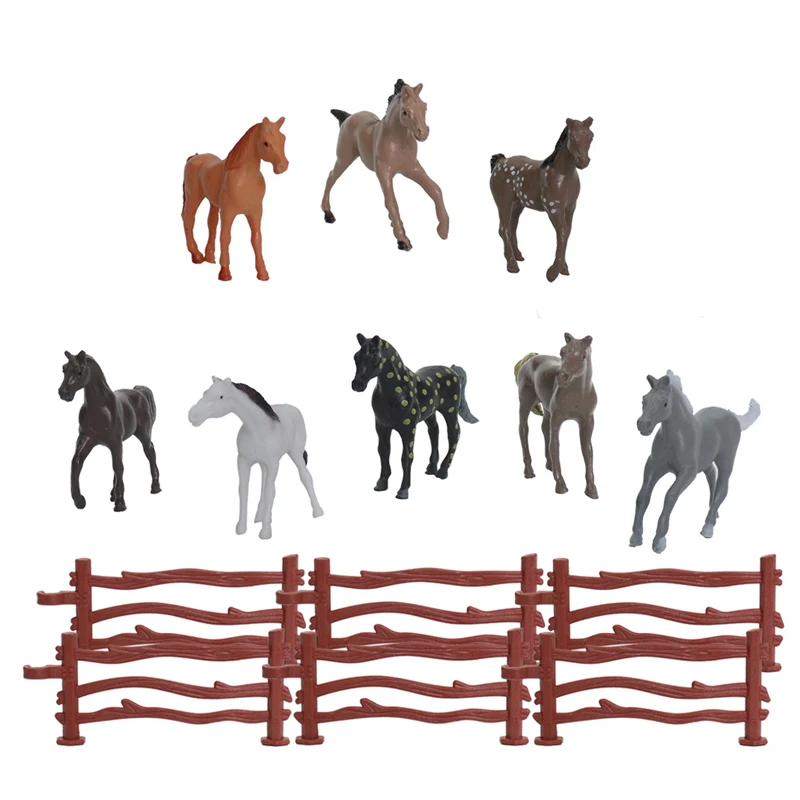 8 pcs Mini Simulation Farm Wild Small Horse with 6 pcs Fence Colorful Small Horse Soft Glue Children's Toys Animal Model Combina 5