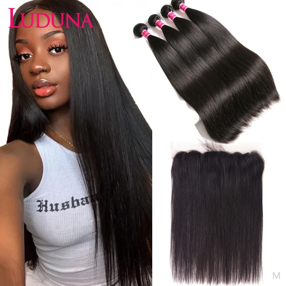 Luduna Brazilian Straight Hair Weave 4 Bundles With Lace Frontal Closure  With Bundles Remy Hair 100% Human Hair Bundles|3/4 Bundles with Closure| -  AliExpress
