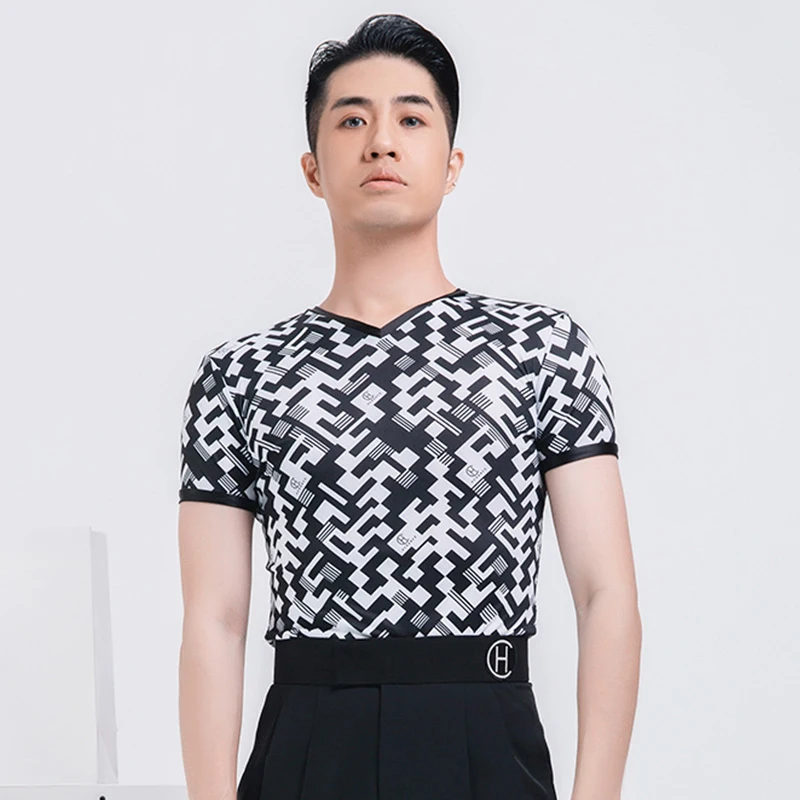 

New Latin Dance Tops For Men V-Ceck Printing Shirts Latin Dance Practice Clothes Chacha Rumba Tango Latin Dance Clothes DQS10122