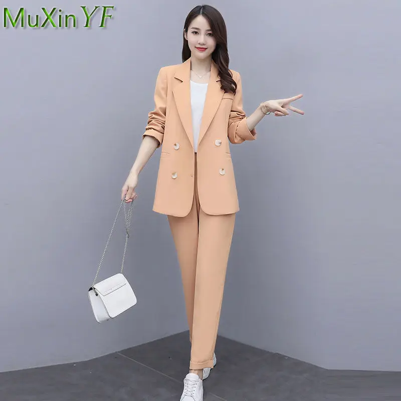 Korean Fashion Women Two Pieces Pants Set 2022 Spring Autumn Office Lady Graceful Blue Suit Coats+Trousers Sets OL Clothing New