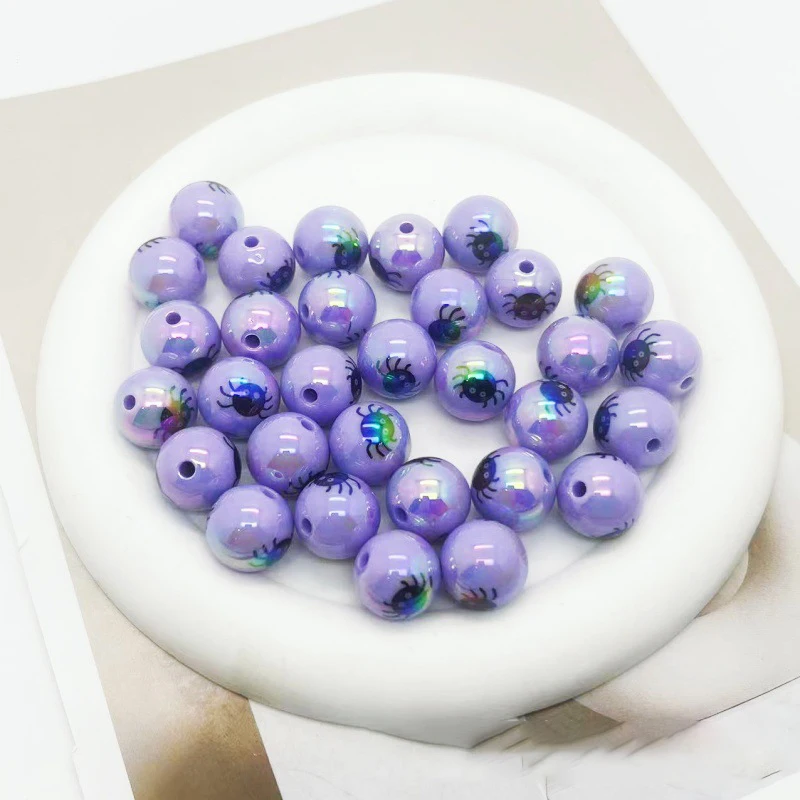 할로윈 인쇄 아크릴 비즈, UV 도금, 스트레이트 홀, 라운드 비즈, DIY 비즈 펜, 전화 체인, 키체인 액세서리, 12 개