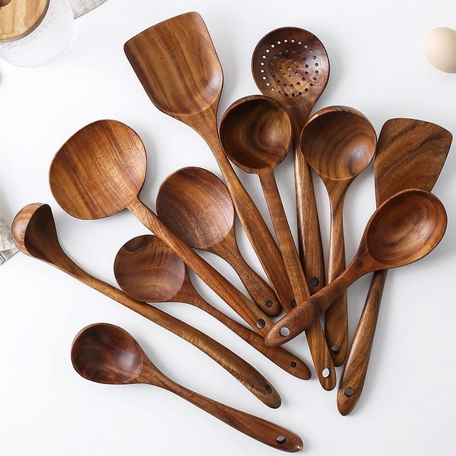 Wooden Spoons For Cooking, Wooden Utensils For Cooking With Utensils  Holder, Teak Wooden Kitchen Utensils Set - AliExpress